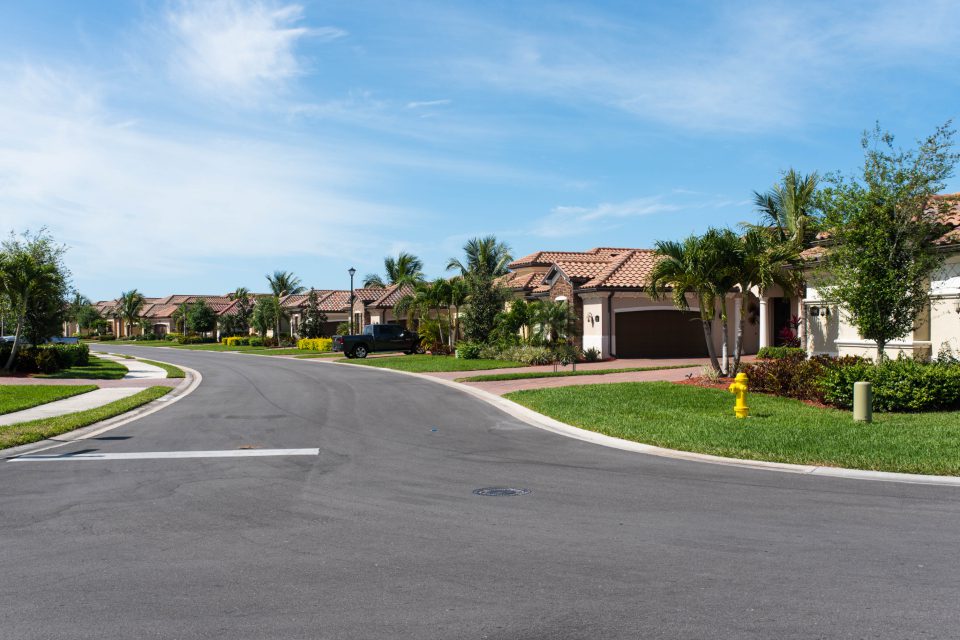 A residential street of suburban homes